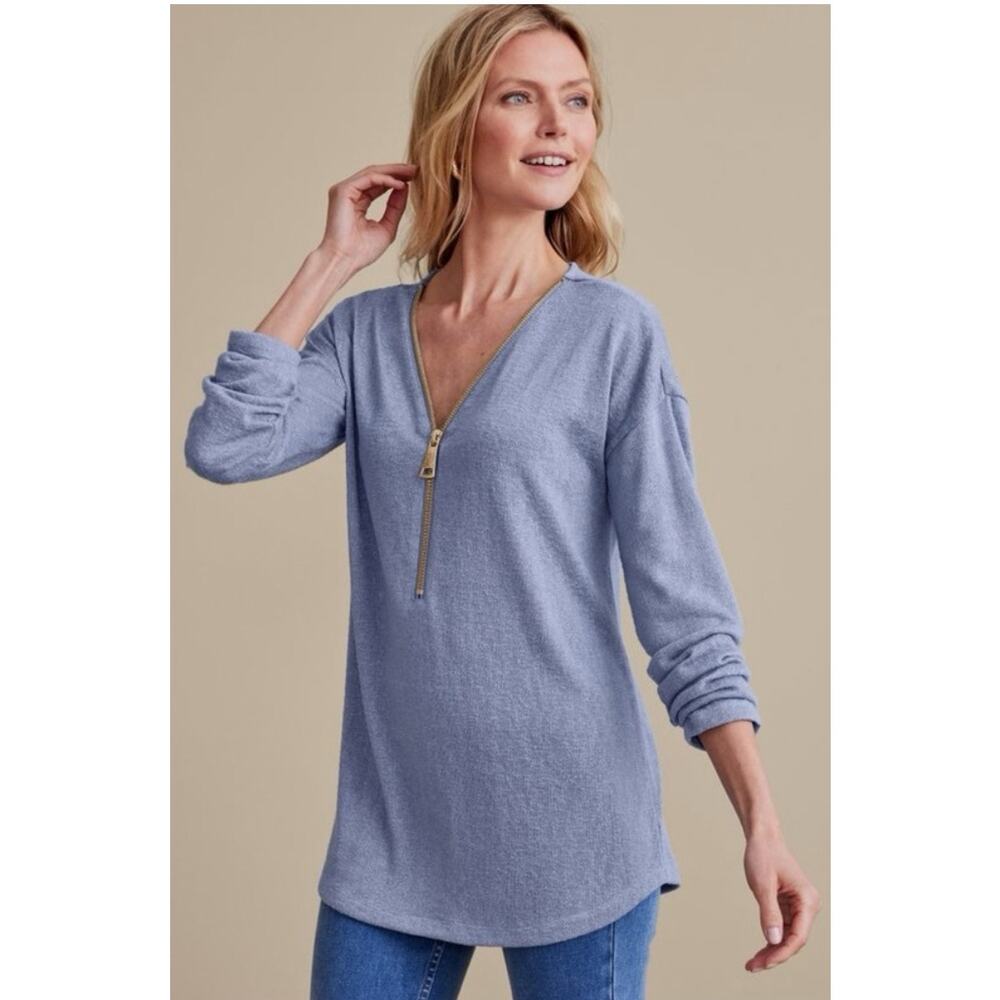 Soft Surroundings Valentina Blue Zip Front Sweater Slub Knit Gold Accent Sz S